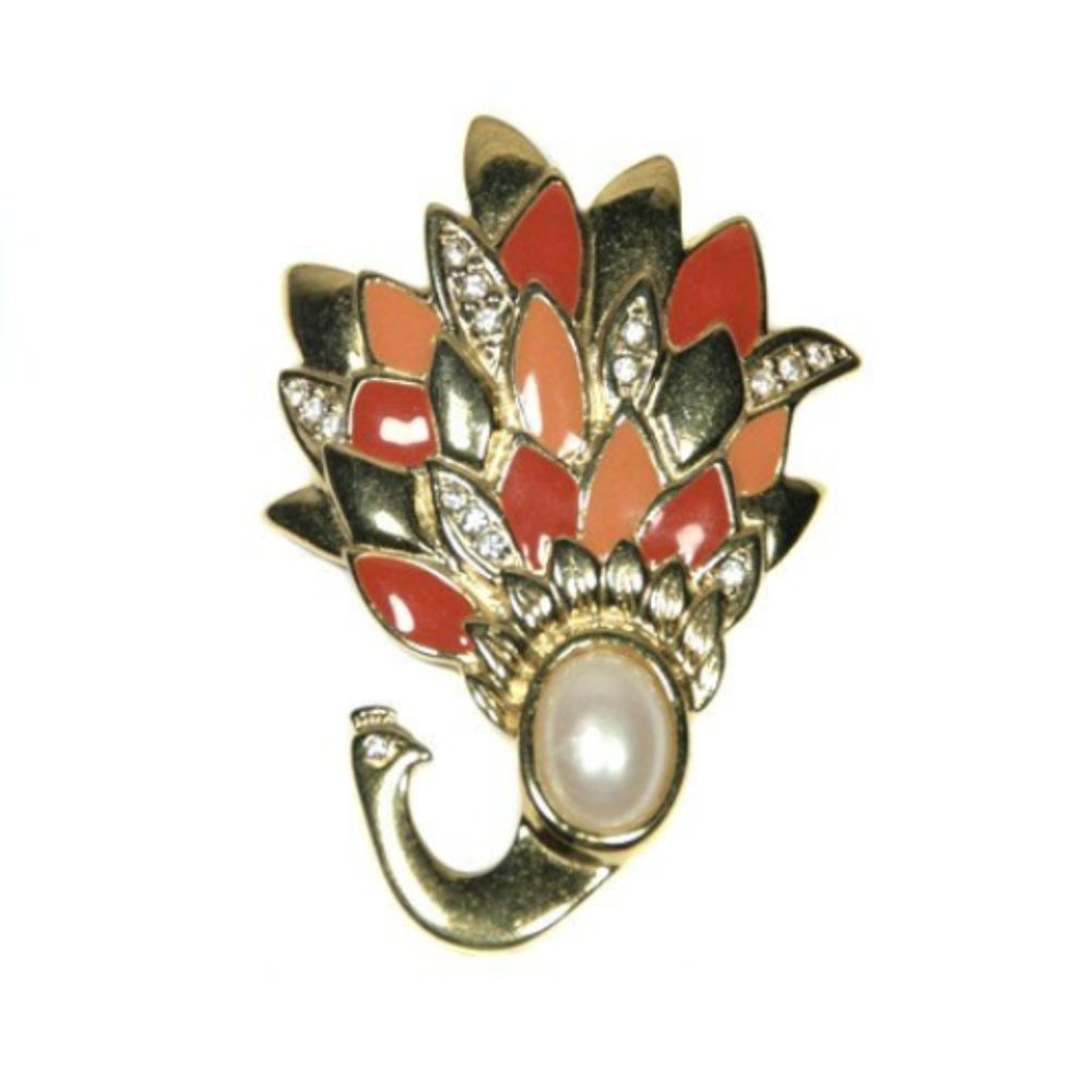 Vintage Unsigned Coral and Peach Peacock Pin Brooch